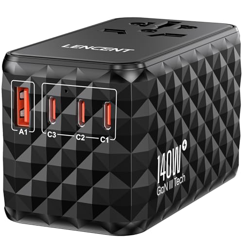 LENCENT Universal Reiseadapter 140W Schnellladung, Internationaler Reisestecker Adapter für Typ A/C/G/I(UK,EU,AU,US) Steckdosen, 1 USB-A & 3 Typ C PD Schnelles Aufladen für Handy, Schwarz von LENCENT