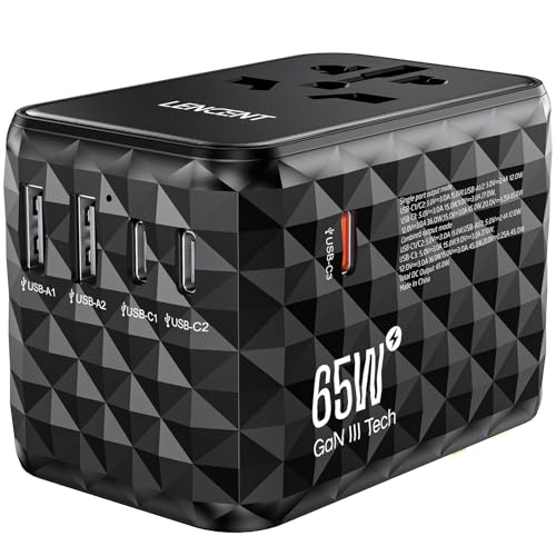 LENCENT Universal Reiseadapter 65W Schnellladung, Internationaler Reisestecker Adapter für Typ A/C/G/I(UK,EU,AU,US) Steckdosen, 2 USB-A & 3 USB-C Schnelles Aufladen für Handy, Schwarz von LENCENT
