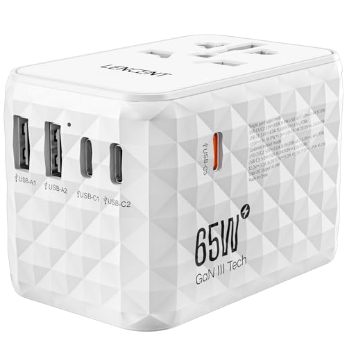 LENCENT Universal Reiseadapter 65W Schnellladung, Internationaler Reisestecker Adapter für Typ A/C/G/I(UK,EU,AU,US) Steckdosen, 2 USB-A & 3 USB-C Schnelles Aufladen für Handy, Weiß von LENCENT
