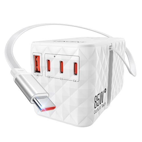 LENCENT Universal Reiseadapter 85W Schnellladung, Internationaler Reisestecker mit einziehbarem USB-C Kabel für Typ A/C/G/I(UK,EU,AU,US) Steckdosen, 1 USB-A&3 Typ-C Schnelles Aufladen, Weiß von LENCENT