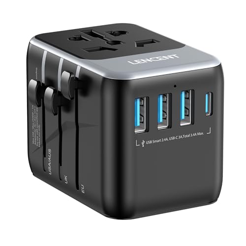 LENCENT Universal Reiseadapter Weltweit Internationaler Adapter mit 3 USB & Typ-C PD Ladeanschlüssen für EU Europäisch US UK AUS Typ A/C/G/I Steckdosen, über 200 Länder, Grau von LENCENT