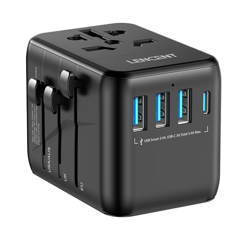 LENCENT Universal Reiseadapter Weltweit Internationaler Adapter mit 3 USB & Typ-C Ladeanschlüssen für EU Europäisch US UK AUS Typ A/C/G/I Steckdosen, über 200 Länder, Schwarz von LENCENT