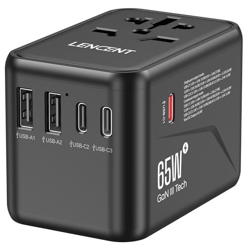 LENCENT Universeller Reiseadapter, GaN III 65W Internationales Ladegerät mit 2 USB-A&3 Typ-C PD Schnellladung, Weltweiter Reisestecker Adapter für Typ A/C/G/I (USA/UK/EU/AUS) Steckdosen, Schwarz von LENCENT