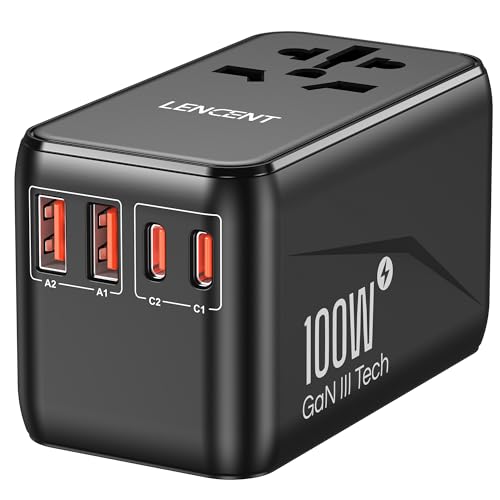 LENCENT Universeller Reiseadapter 100W GaN3 Internationaler Reisestecker mit 2 QC4,0 USB-A+2 PD3,0 Typ-C PPS Schnellladung, Weltweiter Wall Charger für USA/UK/EU/AU Steckdosen, Schwarz von LENCENT