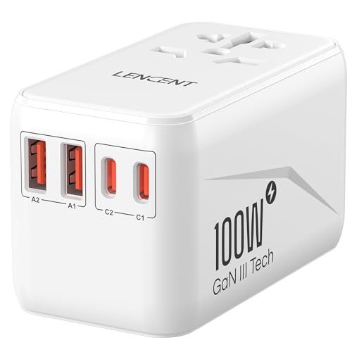 LENCENT Universeller Reiseadapter 100W GaN3 Internationaler Reisestecker mit 2 QC4,0 USB-A+2 PD3,0 Typ-C PPS Schnellladung, Weltweiter Wall Charger für USA/UK/EU/AU Steckdosen, Weiß von LENCENT