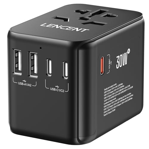 LENCENT Universeller Reiseadapter GaN III 30W, International Adapter mit 2 USB-A&3 USB-C PD Schnellladung Anschlüssen, Weltweite Reisestecker für Typ A/C/G/I, USA/UK/EU/AUS Steckdosen, Schwarz von LENCENT