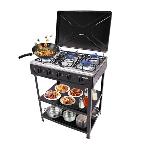 LENJKYYO 5 Flammig Tragbarer Outdoor Campingkocher Gaskochfeld mit Deckel, Auto-Zündtaste & Abnehmbare Halterung Gasherd Camping Gasherd Aluminium (Schwarz) ((Schwarz)) von LENJKYYO