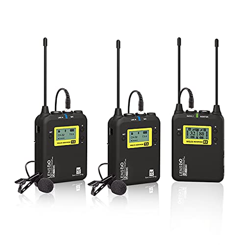 Wireless Lavalier Mikrofon System, LENSGO LWM-328C 99-Kanal UHF Professional Omnidirektional Kabellos Ansteckmikrophone mit 2 Sender & 1 Empfänger für Canon Nikon DSLR Kamera iPhone Android Smartphone von LENSGO