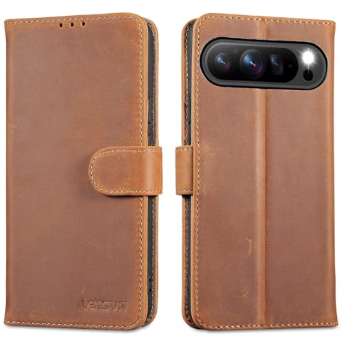 LENSUN Echtleder Hülle für Google Pixel 9 Pro XL, Handyhülle [Echtes Leder][Kartenfach][Standfunktion] Handytasche Lederhülle für Google Pixel 9 Pro XL 5G - Vintage Braun von LENSUN