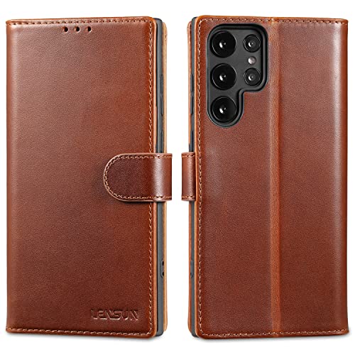 LENSUN Echtleder Hülle für Samsung Galaxy S22 Ultra, Handyhülle [Echtes Leder][Kartenfach][RFID Schutz] Handytasche Lederhülle für Galaxy S22 Ultra 5G - Dunkelbraun von LENSUN