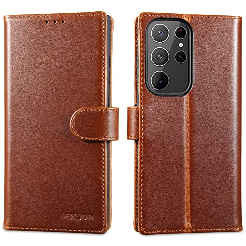 LENSUN Lederhülle für Samsung Galaxy S23 Ultra, Echtleder Handyhülle [Echtes Leder] [Magnetverschluss] Klappen Hülle Handytasche für Samsung S23 Ultra 5G - Dunkelbraun von LENSUN
