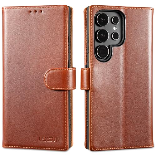 LENSUN Echtleder Hülle für Samsung Galaxy S24 Ultra, Handyhülle [Echtes Leder] [Standfunktion] Lederhülle Flip Handytasche für Galaxy S24 Ultra 5G - Dunkelbraun von LENSUN