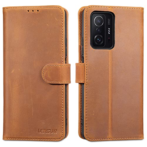 LENSUN Echtleder Hülle für Xiaomi Mi 11T/11T Pro 5G Handyhülle [Echtes Leder] [Magnetverschluss] [RFID Schutz] Handytasche Lederhülle für Xiaomi Mi 11T/11T Pro-Vintage Braun von LENSUN