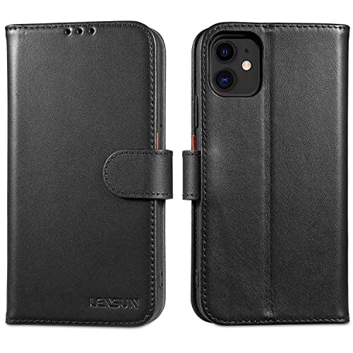 LENSUN Echtleder Hülle für iPhone 11, Handyhülle [Echtes Leder][Magnetverschluss][RFID Schutz] Handytasche Lederhülle Klappbar Kompatibel mit iPhone 11 - Schwarz von LENSUN