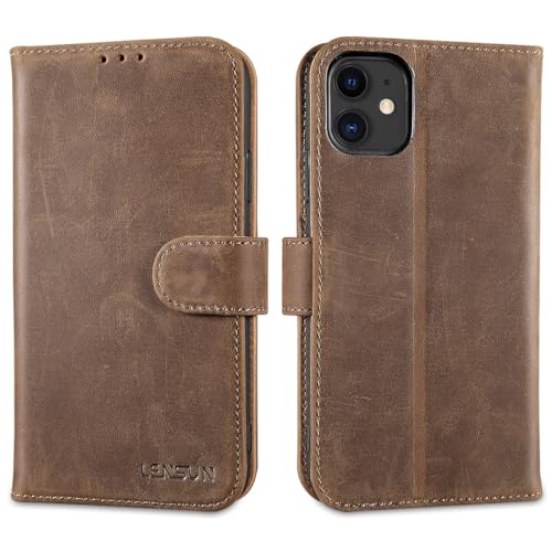 LENSUN Echtleder Hülle für iPhone 11, Handyhülle [Echtes Leder][Standfunktion][Kartenfächer] Handytasche Lederhülle Klappbar für iPhone 11 6,1 Zoll- Vintage Dunkelbraun von LENSUN