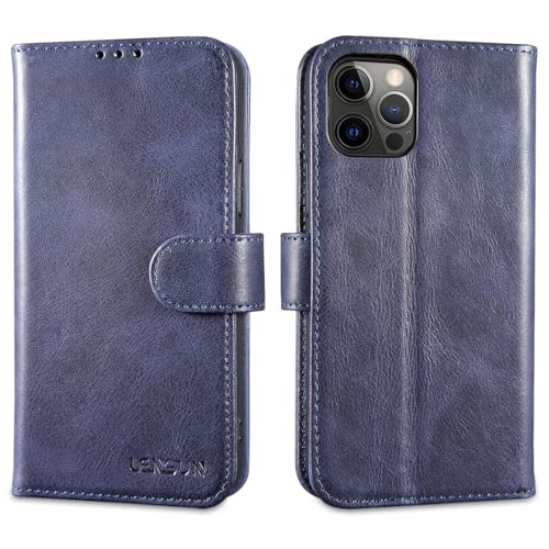 LENSUN Echtleder Hülle für iPhone 12, iPhoen 12 Pro Handyhülle [Echtes Leder][Standfunktion][RFID Schutz] Handytasche Lederhülle Klapphülle - Vintage Blau von LENSUN