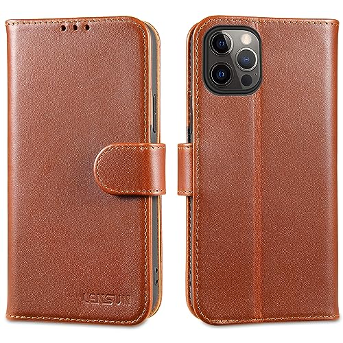 LENSUN Echtleder Hülle für iPhone 12, iPhone 12 Pro Handyhülle Echtes Leder Etui [Kartenfach][RFID Blocker] Handytasche Lederhülle für iPhone 12/12 Pro 5G - Dunkelbraun von LENSUN