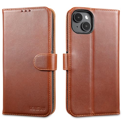 LENSUN Echtleder Hülle für iPhone 15 Plus, Handyhülle Echt Leder [Magnetverschluss][RFID Schutz] Handytasche Lederhülle Schutzhülle für iPhone 15 Plus 5G - Dunkelbraun von LENSUN