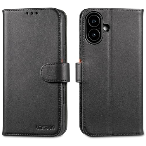 LENSUN Echtleder Hülle für iPhone 16 Plus, Handyhülle [Echtes Leder][Magnetverschluss][Kartenfach] Handytasche Lederhülle Kompatibel mit iPhone 16 Plus 5G - Schwarz von LENSUN