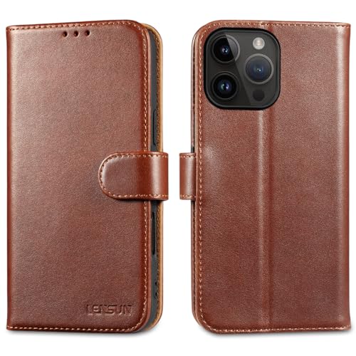 LENSUN Echtleder Hülle für iPhone 16 Pro Max, Handyhülle [Echtes Leder][Kartenfach][RFID Schutz] Handytasche Flip Lederhülle für iPhone 16 Pro Max 5G - Dunkel Braun von LENSUN