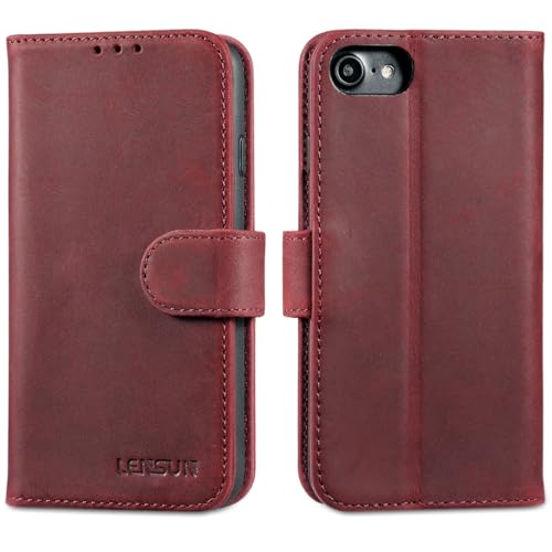 LENSUN Echtleder Hülle für iPhone SE2020/2022, iPhone 8/7 Handyhülle [Echtes Leder][Magnetverschluss] [Wallet Fach] Handytasche Lederhülle für iPhone SE2/SE3 - Retro Rot von LENSUN