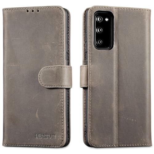 LENSUN Lederhülle für Samsung Galaxy S20 FE, Echtleder Hülle [Bookstyle][RFID Blocker][Echtes Leder] Handyhülle Handytasche für Samsung S20 FE 4G/5G - Graubraun von LENSUN