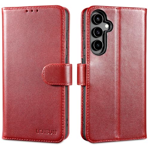 LENSUN Lederhülle für Samsung Galaxy S23 FE, Echtleder Hülle [Kartenfach][RFID Schutz][Echtes Leder] Handyhülle Klapphülle Handytasche für Samsung Galaxy S23 FE 5G - Weinrot von LENSUN