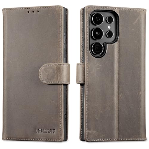 LENSUN Lederhülle für Samsung Galaxy S24 Ultra, Handyhülle [Echtes Leder] [Bookstyle] Flip Handytasche Echtleder Hülle für Galaxy S24 Ultra 5G - Graubraun von LENSUN