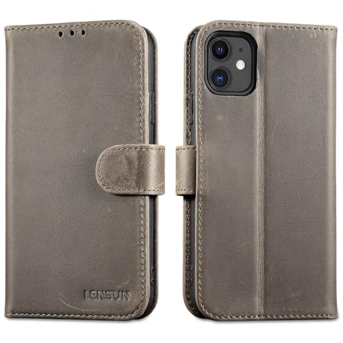 LENSUN Lederhülle für iPhone 11, Echtleder Handyhülle [Bookstyle][RFID Schutz][Echtes Leder] Hülle Handytasche Stoßfest Kompatibel mit iPhone 11 - Graubraun von LENSUN