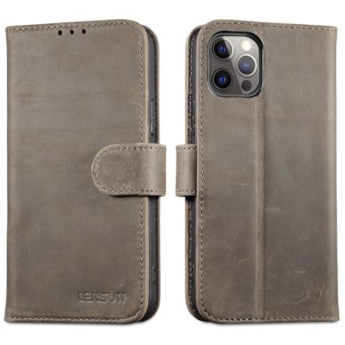 LENSUN Lederhülle für iPhone 12/12 Pro, Handyhülle [Echtes Leder][Standfunktion][Kartenfächer] Echtleder Hülle Handytasche Klappbar für iPhone 12/12 Pro - Graubraun von LENSUN