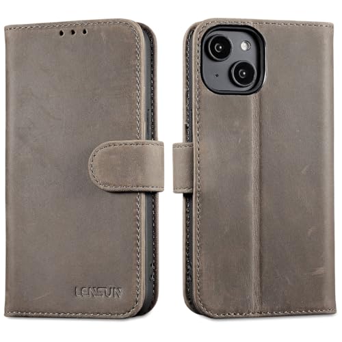 LENSUN Lederhülle für iPhone 14, Echtleder Hülle [Echtes Leder][Bookstyle][RFID-Blocker] Handyhülle Handytasche Flip Kompatibel mit iPhone 14 5G - Graubraun von LENSUN