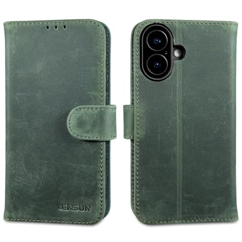 LENSUN Lederhülle für iPhone 16, Echtleder Handyhülle [Kartenfach][RFID-Fach][Echtes Leder] Schutzhülle Handytasche Flip Kompatibel mit iPhone 16 5G - Retro Grün von LENSUN