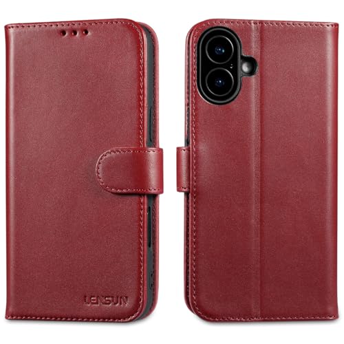 LENSUN Lederhülle für iPhone 16 Plus 5G, Echtleder Handyhülle [Magnetverschluss][Kartenfach][Stoßfest] Echt Leder Flip Hülle Handytasche für iPhone 16 Plus - Weinrot von LENSUN