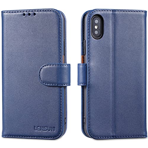 LENSUN Lederhülle für iPhone XS, iPhone X Echtleder Hülle Handyhülle Flip Cover [Echtes Leder][Kartenfach][RFID Schutz] Handytasche Kompatibel mit iPhone X/XS - Blau von LENSUN