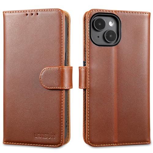 LENSUN Echtleder Hülle für iPhone 15, Handyhülle Echt Leder [Standfunktion][RFID Schutz] Handytasche Schutzhülle Klappbar für iPhone 15 5G(6,1") - Dunkel Braun von LENSUN