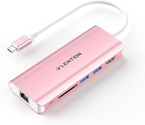 LENTION USB-C Digital AV Multiport Hub mit 4K HDMI, 2 USB 3.0, SD Kartenleser,Typ C Aufladen und Gigabit-Ethernet-Adapter für 2020-2016 MacBook Pro, Neues Mac Air/Surface,XPS,Laptop, Mehr (Roségold) von LENTION