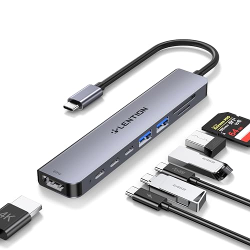 LENTION USB C Hub mit 4K60Hz HDMI, 5Gbps Datenübertragung mit 2 USB C und 2 USB 3.0, PD 100W, SD/TF Kartenleser für Windows PC, MacBooks, iPhone 15, Weitere mit Thunderbolt 3/4 Anschluss von LENTION