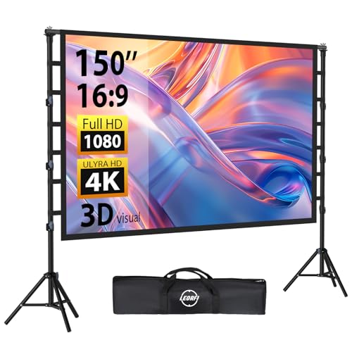 Beamer Leinwand 150 Zoll mit Faltbarem Standfuß, LEORFI Outdoor-Indoor Projektionswand HD 16:9, Tragbare Filmleinwand mit Tragetasche, Höhenverstellbar, für Camping und Heimkino von LEORFI