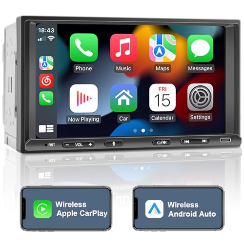 Doppel Din Radio Android mit Wireless CarPlay & Wireless Android Auto, Autoradio mit Navi 7 Zoll Bildschirm, Auto Radio Touch Display mit Bluetooth, AM/FM/RDS, AUX/SWC von LEROAADZ