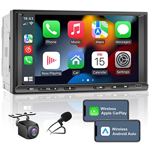 Doppel Din Radio mit Wireless CarPlay & Wireless Android Auto, Autoradio mit Navi 7 Zoll Bildschirm, Auto Radio Touch Display mit Bluetooth, Mirror Link, Rückfahrkamera, AM/FM von LEROAADZ