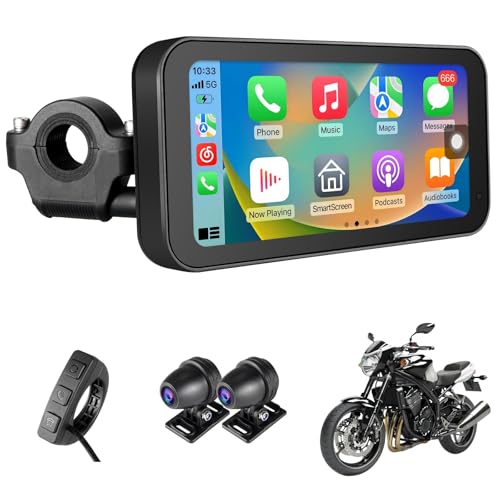 Motorrad Wireless CarPlay mit Bildschirm, IP67 Wasserdichtes Android Auto Carplay Monitor Touchscreen CarPlay Display mit Front und Rückkamera, Portable Motobike GPS Navi für Dual Bluetooth von LEROAADZ