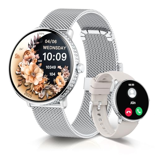 LES FLEURS Smartwatch für Damen mit 2 Bändern, 3 cm (1,2 Zoll) AMOLED Damen-Smartwatch Annehmen/Tätigen von Anrufen für iOS Android, IP68 Fitness-Tracker mit Schlaf-Herzfrequenz, SpO2 von LES FLEURS
