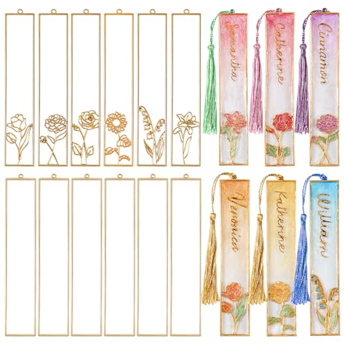 LET'S RESIN Lesezeichen-Bazels mit Quasten, UV-Harz-Formen für DIY-Lesezeichen (6 Blumen und 6 leere Rahmen), Harz-Bastel-Lünetten, Lesezeichen-Formen für Geschenke, 12 Stück von LET'S RESIN