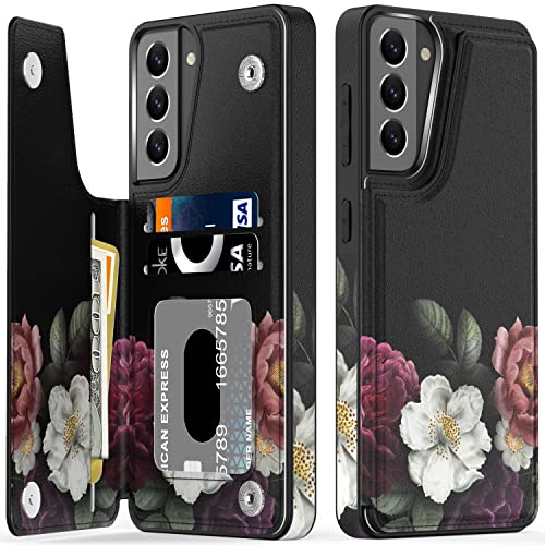 LETO Galaxy S21 Hülle, Flip Folio Leder Wallet Case Cover mit modischen Blumen-Designs für Mädchen und Frauen, Schutzhülle für Samsung Galaxy S21 6.2 Zoll (6.2 Zoll), niedliche Blumen von LETO