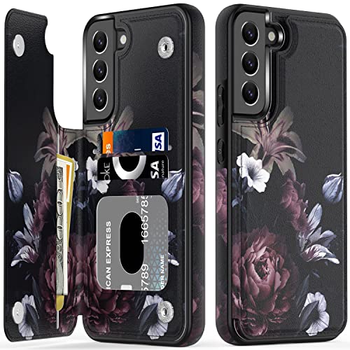 LETO Galaxy S23 Hülle, Luxus Flip Folio Leder Wallet Case Cover mit modischen Designs für Mädchen und Frauen, Kartenfächer Kickstand, Schutzhülle für Samsung Galaxy S23 6,1 Zoll Weinrote Blumen von LETO