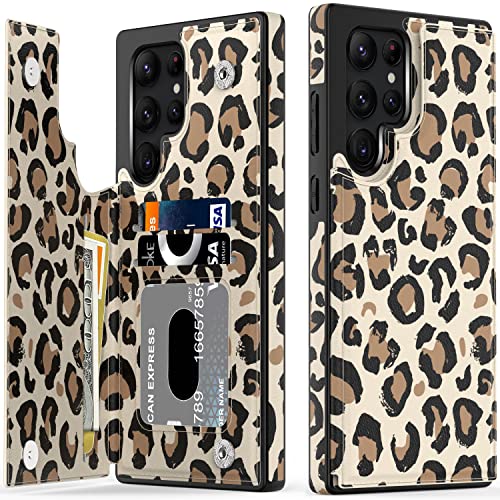 LETO Galaxy S23 Ultra Hülle, Flip Folio Leder Wallet Case Cover mit modischen Designs für Mädchen und Frauen, Schutzhülle für Samsung Galaxy S23 Ultra 17.3 cm (6.8 Zoll), brauner Leopard von LETO