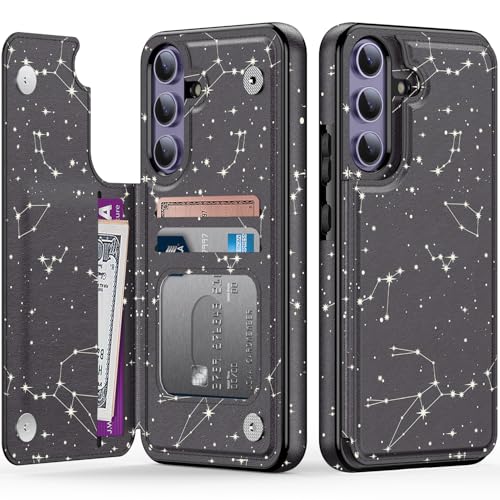 LETO Schutzhülle für Samsung Galaxy S24 (6,2 Zoll), Klappetui, Lederständer, modische Blumendesign, Kreditkartenhalter, Schutzhülle für Damen und Mädchen, 15,7 cm (6,2 Zoll), Sternbild von LETO