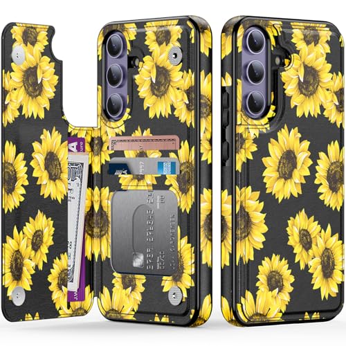 LETO Schutzhülle für Samsung Galaxy S25 Plus, Klappetui, Lederständer, modische Blumendesign, Kreditkartenhalter, Schutzhülle für Damen und Mädchen, 17 cm (6,7 Zoll), blühende Sonnenblumen von LETO