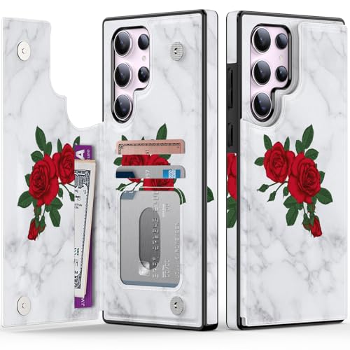 LETO Schutzhülle für Samsung Galaxy S25 Ultra, Klapphülle aus Leder, modisches Blumendesign, Kartenfächer, Ständer, Schutzhülle für Damen und Mädchen, 17,3 cm (6,8 Zoll), Rosen und Marlbe von LETO