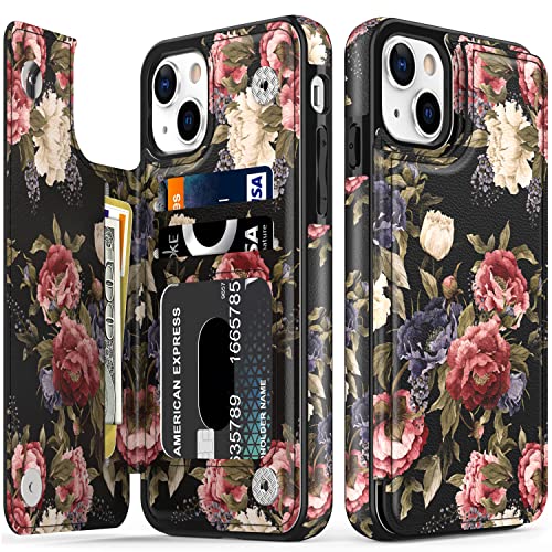 LETO Schutzhülle für iPhone 13, luxuriöses Klappetui, Leder, Brieftaschenformat, mit modischen Designs für Mädchen und Damen, integrierte Kartenfächer, Ständer, 6.1 Zoll (15.5 cm), weiße rosa Blumen von LETO